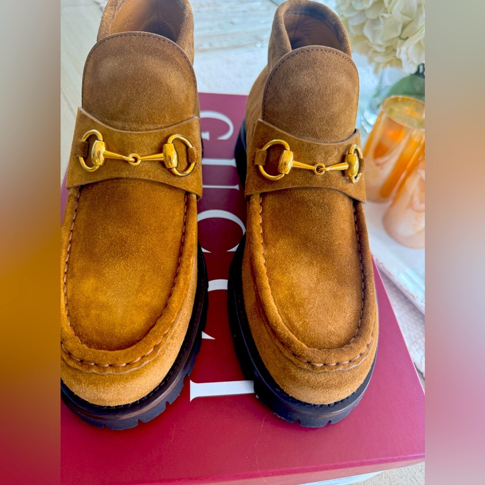 Gucci suede horse bit ankle boots